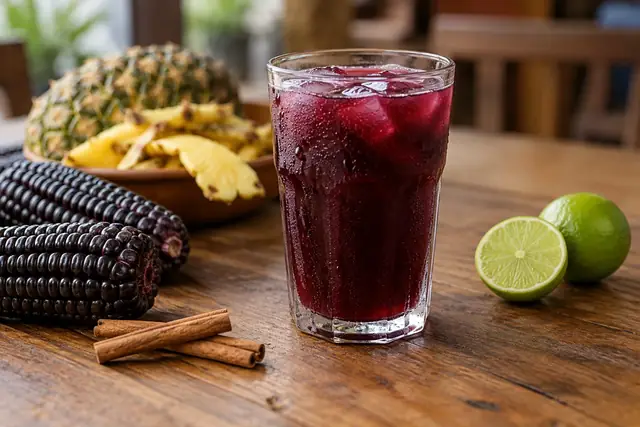 Verre de chicha morada violette avec des glaçons, épis de maïs violet, ananas, bâtons de cannelle et citrons verts