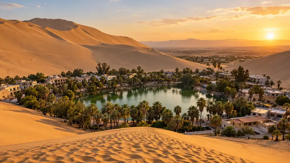 La lagune de Huacachina bordée de palmiers et de maisons, entre de hautes dunes, au coucher du soleil