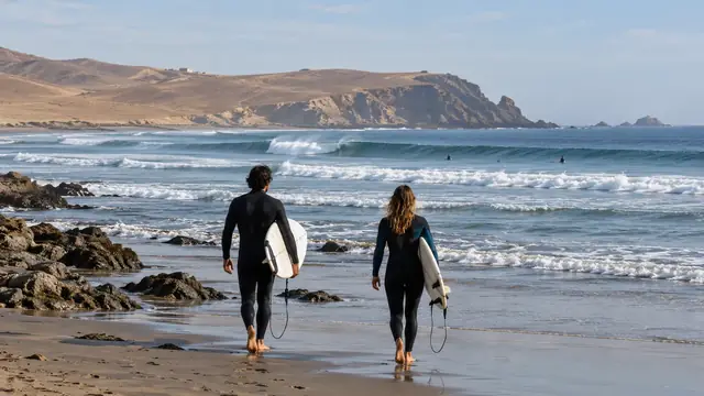 Deux surfeurs en combinaison, planche sous le bras, marchent vers des vagues régulières, collines désertiques au fond