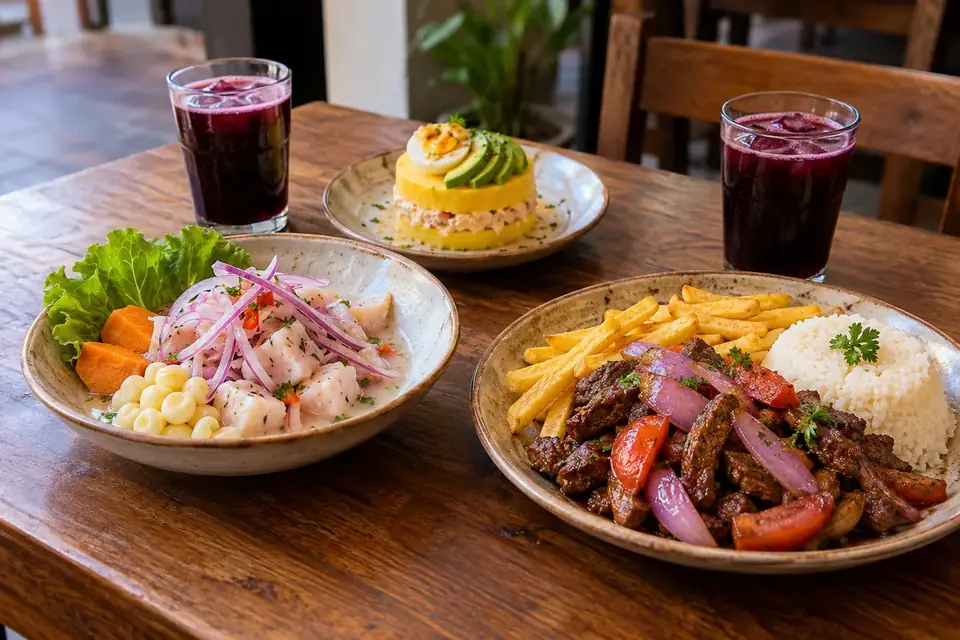Table de bois avec un ceviche, une causa, un lomo saltado avec frites et riz, et deux verres de chicha morada